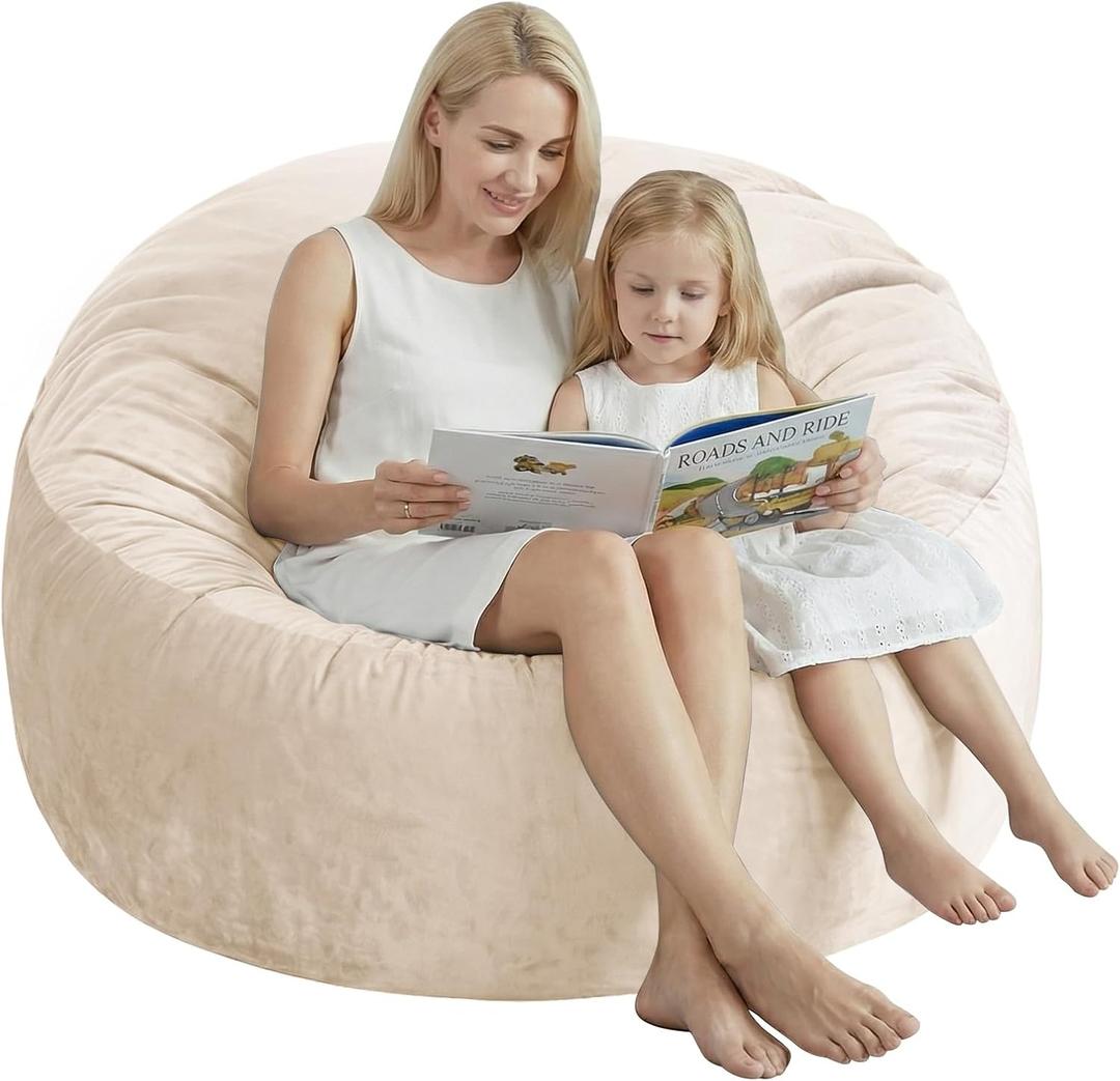 3 Ft Bean Bag Chair, Memory Foam Bean Bag Chairs for Adults with Filling, Round Bean Bag Sofa with Filler Included, Beanbags with Soft Dutch Velvet Fabric,3 Foot,Beige
