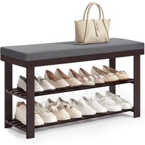 SONGMICS Bamboo Shoe Bench, 3-Tier Shoe Rack Organizer for Entryway, Living Room, Bench Seat Holds Up to 300 lb, 11.9 x 35.4 x 19.2 Inches, Rustic Walnut and Slate Gray ULBS904B32