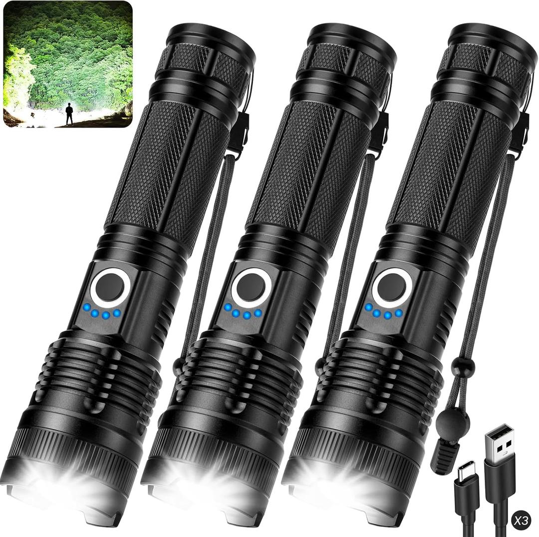 3 Pack Rechargeable Flashlight High Lumens - 99,000LM Super Bright LED Flash Light for Home with 5 Modes, Powerful Waterproof Handheld Flashlight for Camping Emergencies (L-3P)