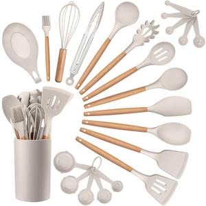 HaWare Kitchen Cooking Utensils Set, 23-Piece Silicone Kitchen Utensils Spatula Set with Holder, Heat Resistant Wooden Handle Kitchen Gadget for Nonstick Cookware, Food-grade Turner Spoon Sets (Khaki)