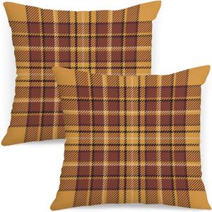 Fall Plaid Pillow Covers 18x18 Set of 2 Orange Brown Check Tartan Gingham Autumn Plaid Themed Decorative Throw Pillows Outdoor Pillowcases Square Farmhouse Cushion Thanksgving Home Decor