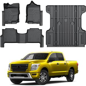 KUST Floor Mats Bed Mat Set for 2017-2024 Nissan Titan, 2016-2024 Titan XD Crew Cab, 5.6FT Truck Bed Liner All Weather TPE Rubber High Edge Heavy Duty
