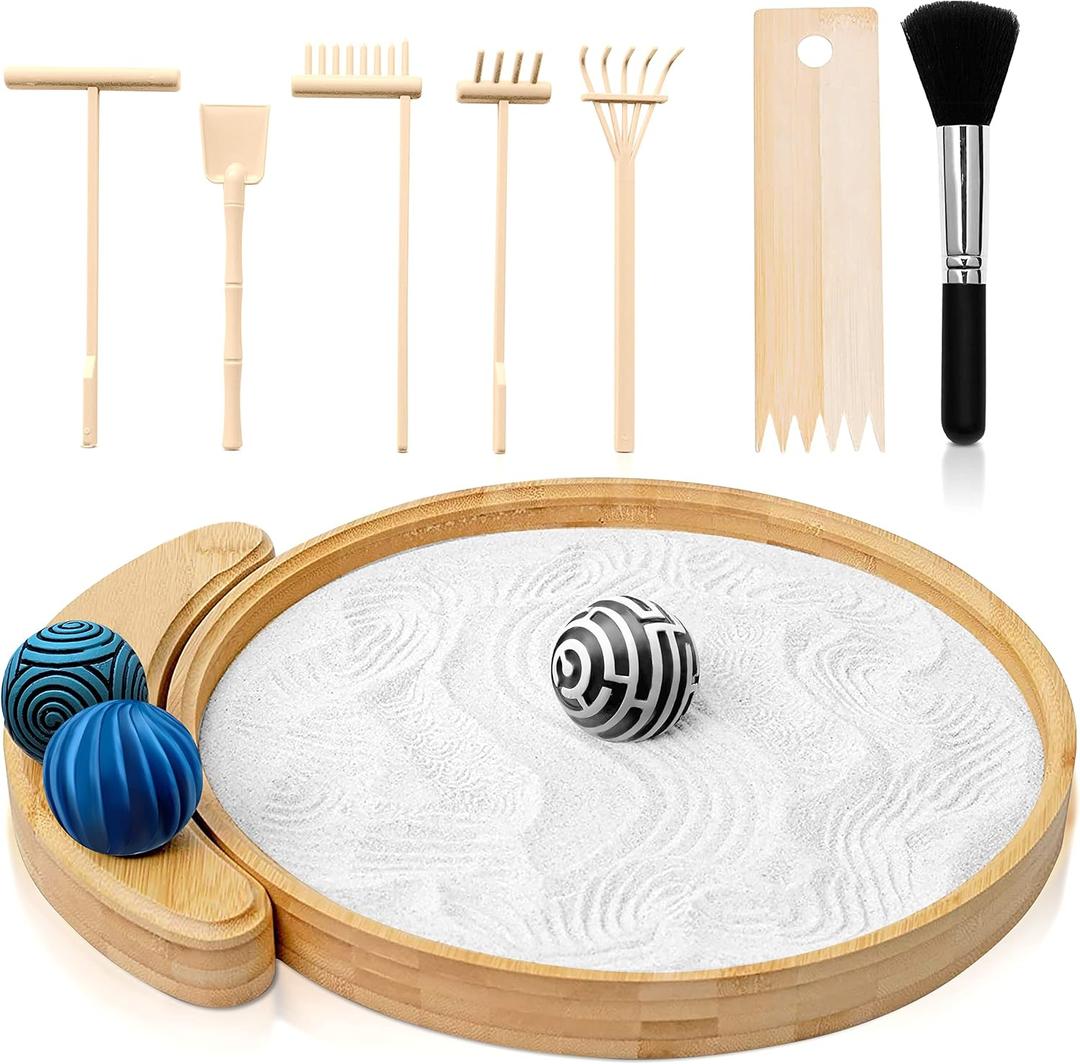 Japanese Zen Garden Kit for Desk | 9.5" Bamboo Sand Tray | 3 Resin Stamp Spheres | Meditation Accessories | 6 Mini Garden Rake | Decor Gifts, 10.5 inches x 10.2 inches x 1 inch