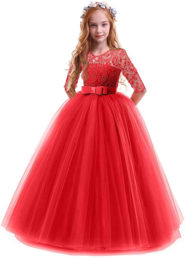 Girls Flower Vintage Floral Lace 3/4 Sleeves Floor Length Dress Wedding Party Evening Formal Pegeant Dance Gown (9-10 Years, Red)