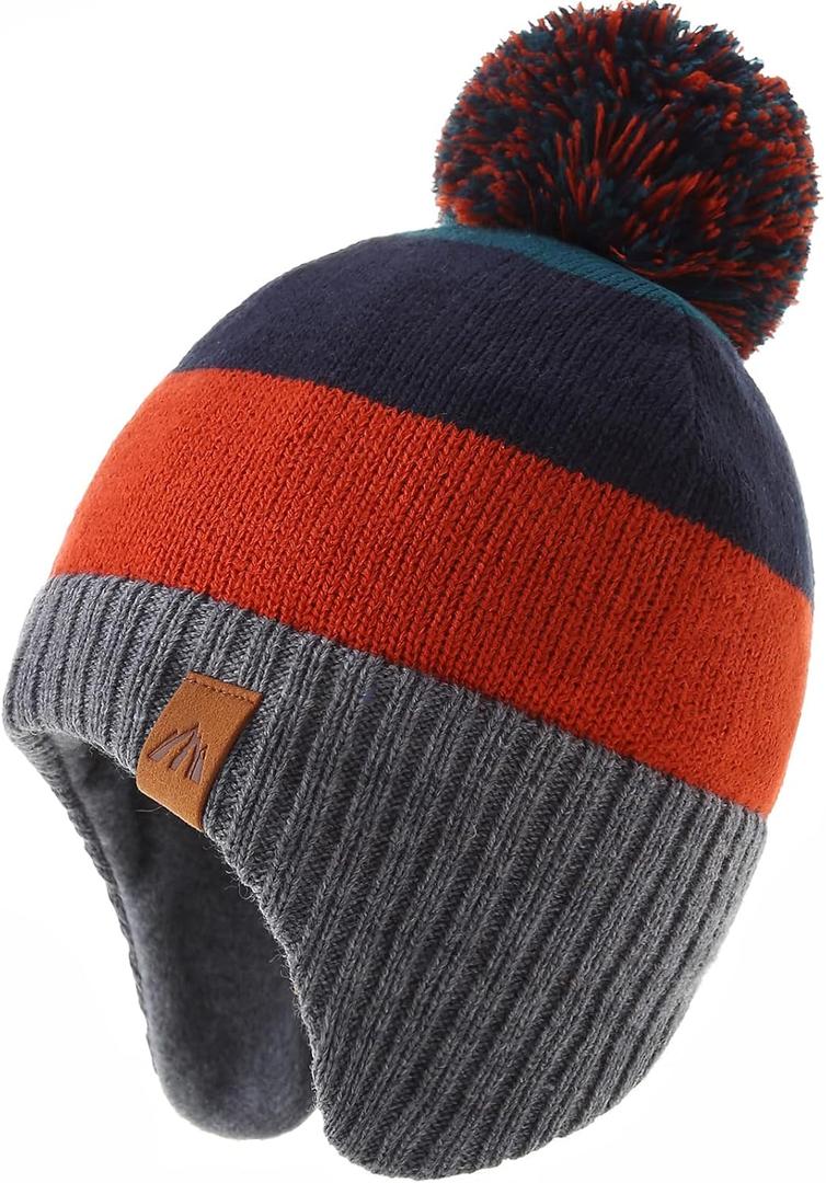 LMLALML Boys Winter Hat Earflap Knitted Beanie for Kids Warm Fleece Lined Thicken Hat for Baby (3-5T, Orange)