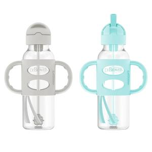Dr. Brown's Milestones Narrow Sippy Straw Bottle, SpillProof with 100% Silicone Handles and Weighted Straw, 8 oz/250 mL, Gray/Green, 6m+