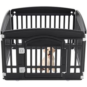 Sweetcrispy Plastic Dog Playpen, 4 Panel 24" Expandable & Durable Pet Fence for Small to Medium Dogs - Indoor & Outdoor Portable Puppy Playpen with Secure Locking Door - Black