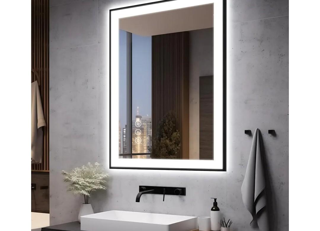 28x36 LED Bathroom Mirror for Wall -Black Aluminum Framed (Front and Backlit), Anti-Fog Vanity Mirror with Lights, Stepless Dimmable Lighted Mirror, 3 Colors Smart Mirror(Horizontal/Vertical)