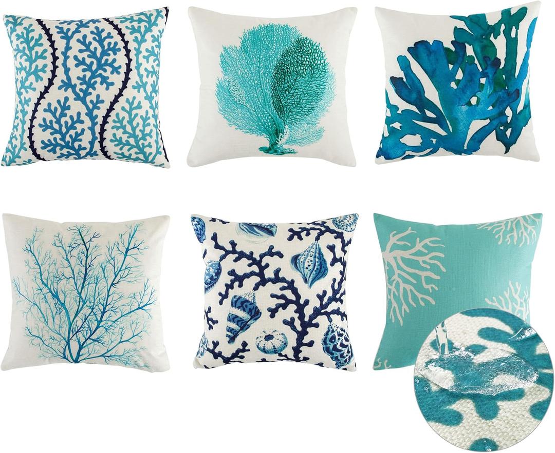 famibay Outdoor Waterproof Pillow Covers Set of 6 Patio Coastal Throw Pillow Covers 18x18 Decorative Summer Beach Cushion Cases Square Outside Pillow Covers for Patio Furniture Porch Garden Bench