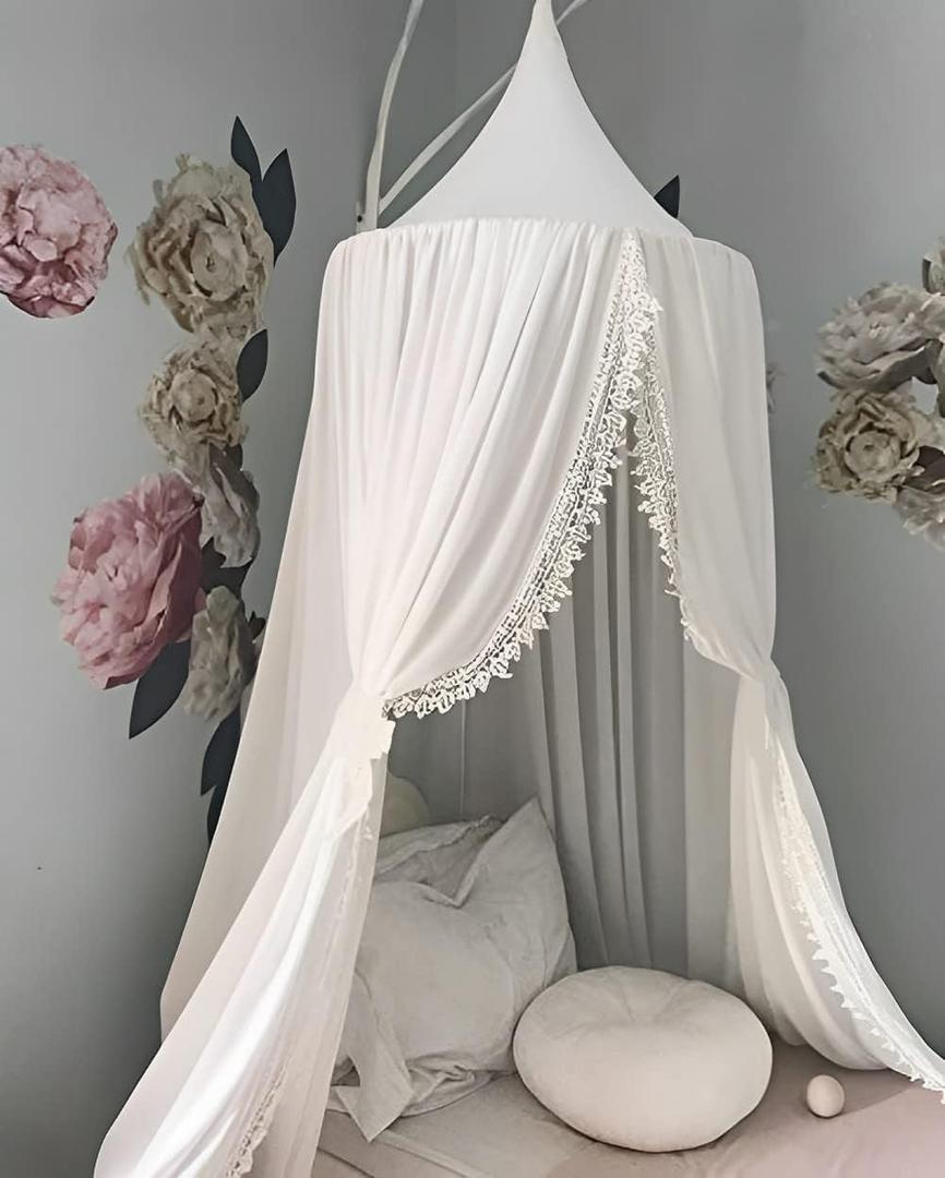 OldPAPA Kids Bed Canopy with Pom Pom Hanging Mosquito Net for Baby Crib Nook Castle Game Tent Nursery Play Room DecorWhite