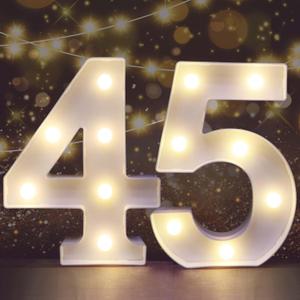 Pooqla Decorative LED Light Up Number Letters, White Plastic Marquee Number Lights Sign for 45th Birthday Party Wedding Decor, Battery Operated (45) Pooqla Decorative LED Light Up Number Letters, White Plastic Marquee Number Lights Sign for 45th Birthday Party Wedding Decor, Battery Operated (45)