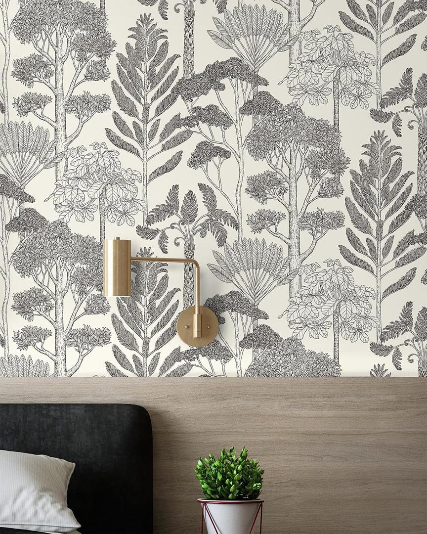 Forest Vintage Peel and Stick Wallpaper for Bathroom Waterproof Boho Contact Paper for Cabinets/Drawers Tree Self Adhesive Removable Wallpaper for Bedroom Retro Farmhouse Vinyl 17.3inW 197inL (Beige/Cream/Black)