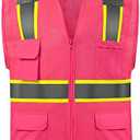 SHORFUNE High Visibility Mesh Safety Vest with 10 Pockets, Mic Tabs, Zipper and Reflective Strips, Reflective Construction Vest for Men and Women, ANSI/ ISEA Standards, Pink, M