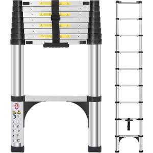 DEZEX Telescoping Ladders 8.5 FT Aluminum Ladder - One-Button Retraction Collapsible Telescopic Ladder for Home,RV,Attic & Loft, Lasts 330 LBS with 2 Triangle Stabilizers