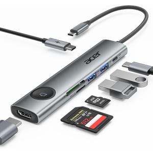 Acer USB C HUB Multiport Adapter, 7 in 1 USB-C to HDMI Adapter with 4K@60Hz, 100W PD, 5Gbps 2*USB-A 3.1, 1*Type-C 3.1, SD Card Reader Type C Dongle for iPhone 16/15, MacBook Pro/air, iPad, Acer (Grey)