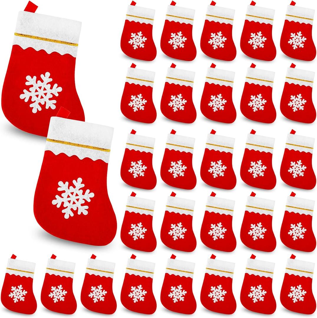 30 Pcs Christmas Mini Stockings,Snowflake Felt Stocking,Snowflake Tableware Holders for Christmas Candy Pouch Bag,Xmas Tree Decoration,Party Favors Filling