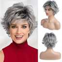 Short Grey Curly Layered Wig for Women Ombre Silver Grey Short Fluffy Synthetic Hair Wigs With Bangs