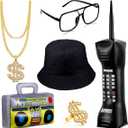 Sumind 6 Pcs Hip Hop Costume Kit 80s 90s Rapper Accessories for Men Women Inflatable Radio Box Necklace Ring Sunglasses Hat(Black)
