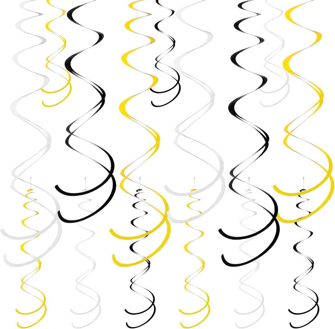 Colorful Ceiling Swirl Foil Decorations Hanging Plastic Streamer Themed Swirl Party for Halloween Graduation Celebration, Pack of 28 (Gold, Black and Sliver)