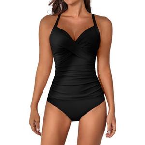 B2prity Women's Ruched Tankini Swimsuits V Neck Wrap Tie Back Two Pieces Bathing Suit Tummy Control Swimwear (Medium, Black)