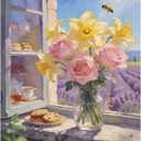 Lavender Garden Window with Pink Roses and Daffodils Paint by Numbers Kit for Adults, DIY Acrylic Painting, Beginner Wall Art, Floral Garden Art, Gift for Flower and Nature Lovers,12X16IN Framed