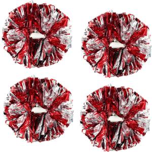 4Pcs Metallic Cheerleading Pom Poms, Creatiee 2 Pair Cheerleader Cheering Squad Pompoms for School Sports Dance Games Team Spirit Cheer (Red-Silver)