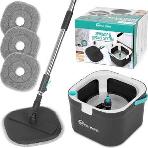 SIMPLI-MAGIC 360 Square Spin Mop and Bucket System  Dual Compartment, Separate Clean & Dirty Water  3 High-Absorbent Microfiber Washable Heads  All Types Floor Cleaning (Gray)