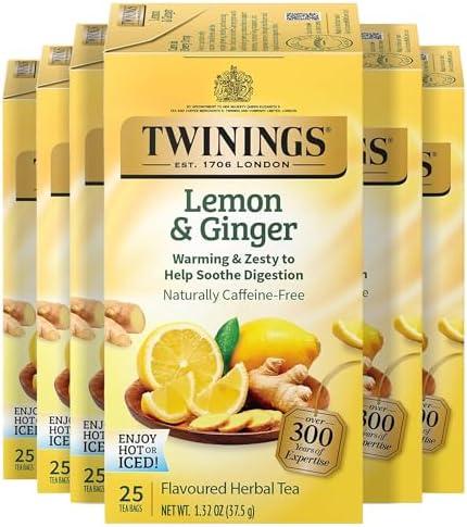 Twinings Lemon & Ginger Herbal Tea Individually Wrapped Bags, 25 Count (Pack of 6), Spicy Ginger, Lemon Peel, & Lemongrass, Naturally Caffeine-Free, Enjoy Hot or Iced, 150 Teabags