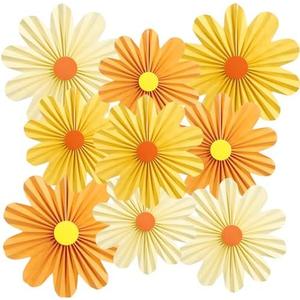 SUNBEAUTY 9 PCS Orange Paper Flowers Decorations for Wall Paper Fans Daisy Decoration Paper Floral Backdrop Decor Paper Fans Decoration