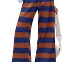 Yousify Womens Striped Wide Leg Flare Pants Casual Drawstring Elastic Waist Loose Yoga Lounge Pant with Pockets L
