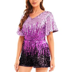 MANER Womens Sequin Romper Sparkly Short Jumpsuit Party Concert Outfit With Flutter Sleeve (Large, Periwinkle/Festival Fuchsia/Dark Purple)