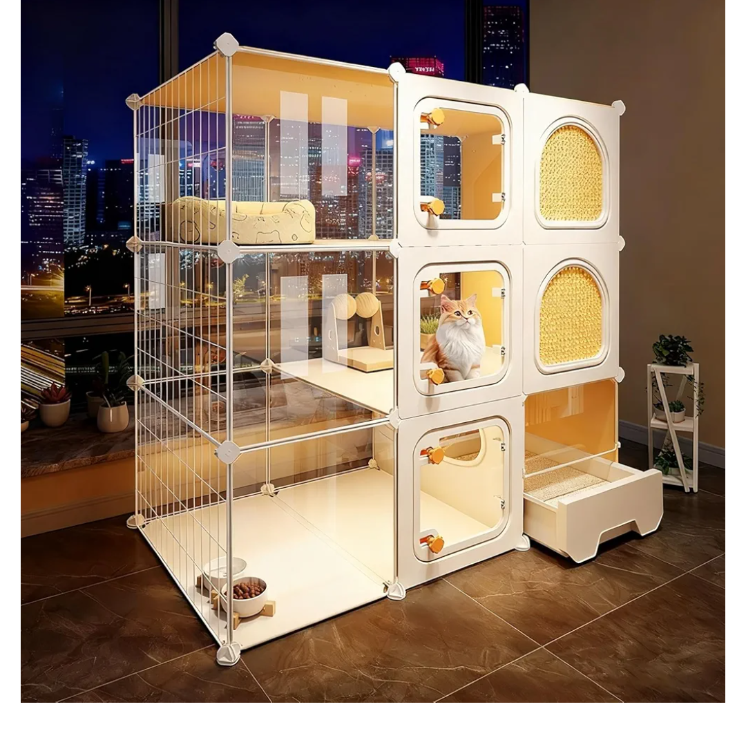 Transparent Indoor Cat Cage with Litter Box Multi-Tier Cat Enclosure Detachable Pet Playpen with Platforms, Ideal for 1–3 Cats, Small Animals(105 * 45 * 105cm)
