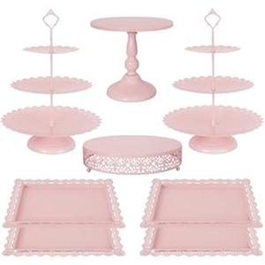 Fivenl 8 Pcs Cake Stand Pink Metal Dessert Table Display Set, 3-Tier Cupcake Stand, Cake Display Tower and Cookie Tray Rack Serving Tray for Birthday Party, Weddings, Baby Shower (Pink)