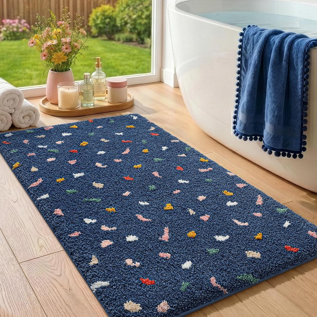 Color&Geometry Soft Bathroom Rugs,Bath Mats for Bathroom Non Slip,Absorbent Microfiber Bath Mat Washable,Cute Bath Mat Aesthetic Bath Rugs Bath Decor Rug Colorful Decorations,Navy Blue,24x43