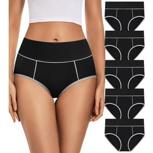 Womens Cotton Mid High Waisted Underwear Comfort Panties 5 Pack Briefs (Black, M)