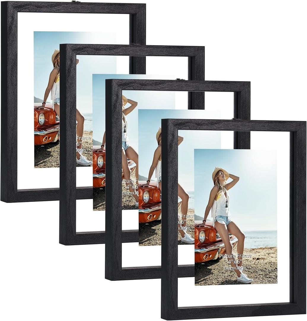Trwcrt 4x6 Floating Picture Frames Set of 4, Double Glass Photo Frame Display up to 6 x 8 Photos for Desktop or Wall Hanging, Black