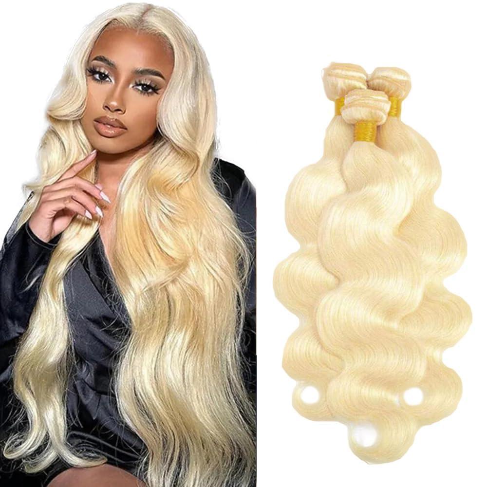 Brazilian Human Hair Bundles 24 26 28 Inch Blonde 613 Color Body Wave Bundles Human Hair 100% Unprocessed 10A Quick Weave for Black Women Soft Sewn In with Double Weft
