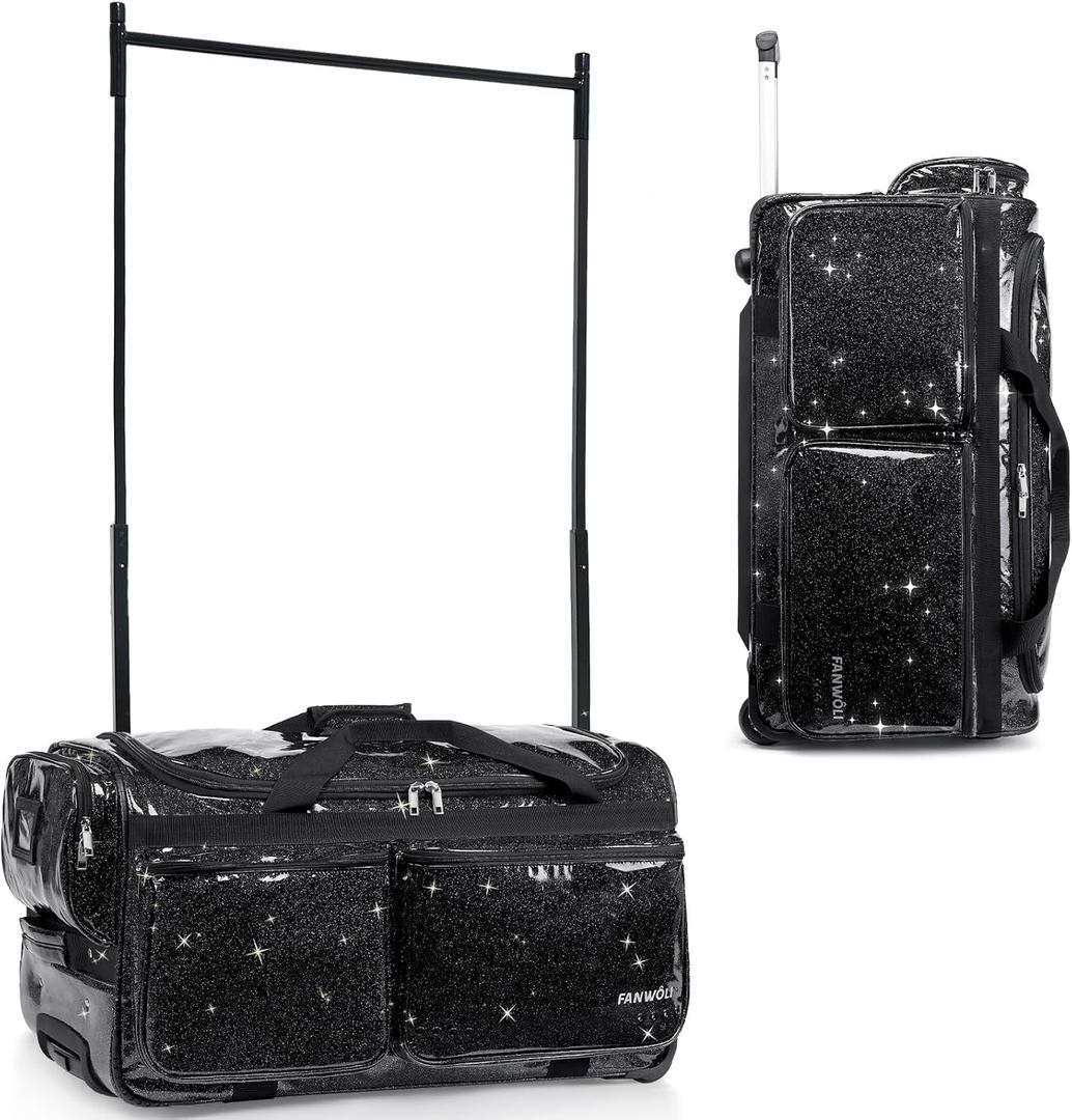 Fanwoli 28" Dance Bag with Garment Rack | Glitter Waterproof Fabric | Shine-Bright Collection | Ideal Rolling Competition Gear Duffel Bag for Professional Dancer Cheerleader Gymnast Cosplayer Skater (Sparkling Black)
