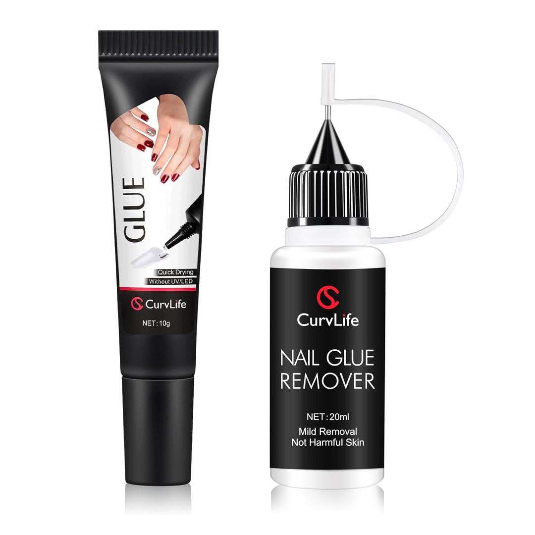 Curvlife 10g Semi-Solid Glue and 20ml Pinpoint Glue Remover Kit - Gel for Press on Nails, Quick Dry No UV Lamp Needed with Gentle Non-Acetone Remover, Fake Nail Tips