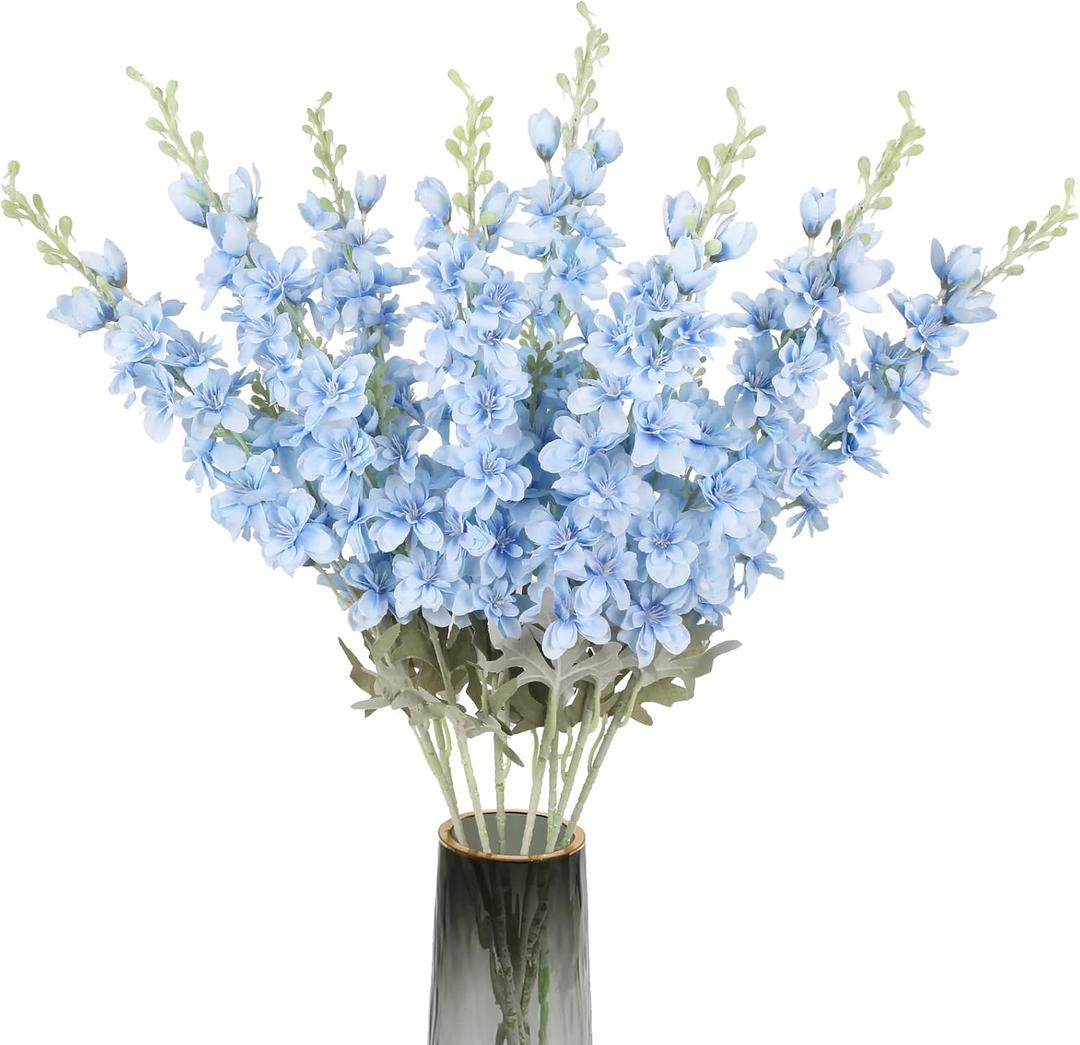 8PCS Blue Delphinium Artificial Flowers Larkspur Fake Flowers 33.5in Long Stem Faux Silk Flowers Bulk for Tall Vase for Home Wedding Floral Arrangement Centerpiece Table Decorations (Baby Blue)