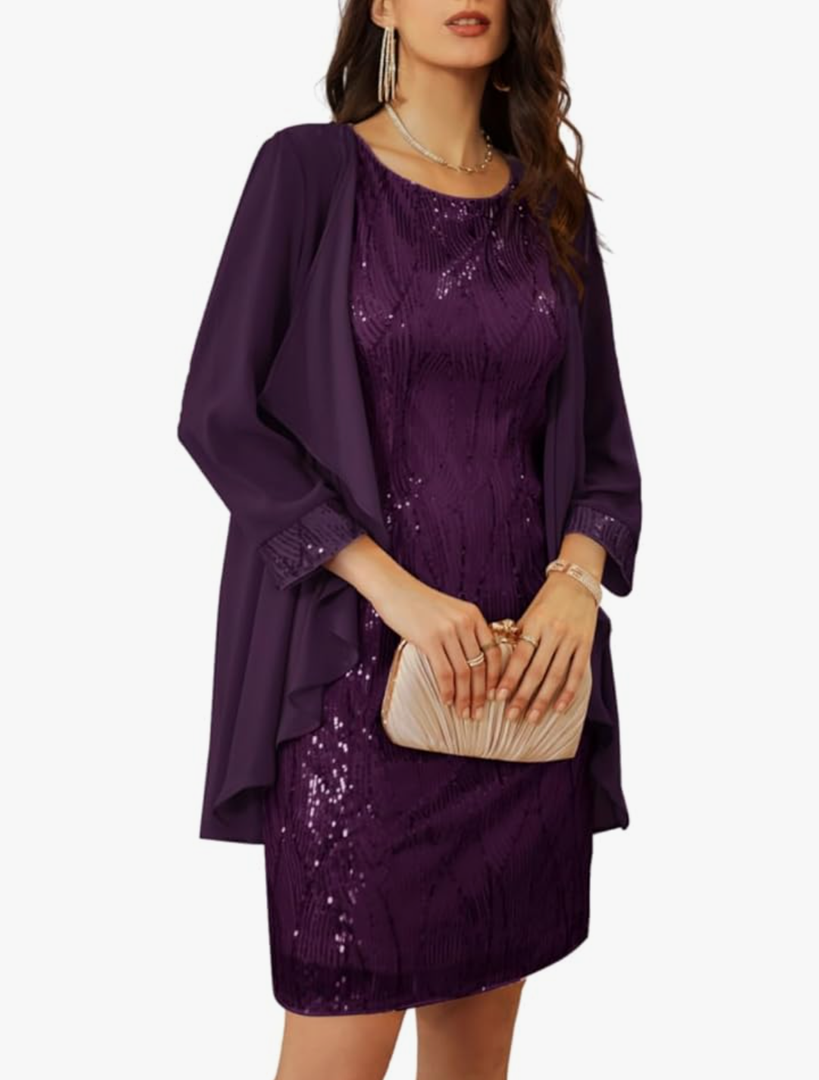 GRACE KARIN Women's Sequin Dress Wedding Guest Dresses Mother of the Bride Dresses Formal Dress Two Piece Dress Knee Length L