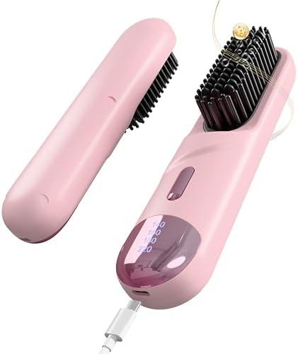 Cordless Hair Straightener Brush 300 Million Negative Ionic Portable Hair Straightener Comb for Women with 4 Temps Fast Heating MCH Ceramic Coating Smooth Frizz - Free Hair Black