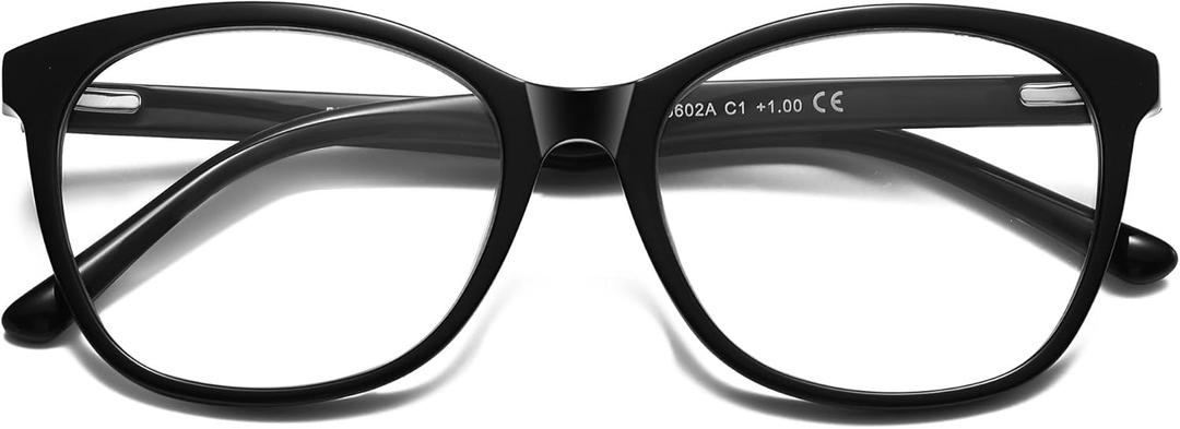 SUNAMOY Large Round Acetate Material Reading Glasses for Womens Large Computer Blue Light Blocking Spring Hinge Big Readers (Black)