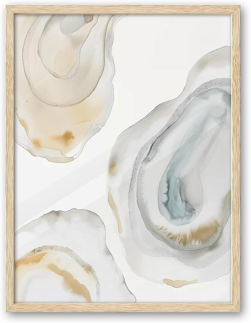 iHery Natural OAK Wood Abstract Coastal Oyster Framed Wall Art, 12x16 in Hamptons Style Beach House Decor Watercolor Canvas Wall Art, Abstract Bathroom Decor Set of 1 For Bedroom Living Room