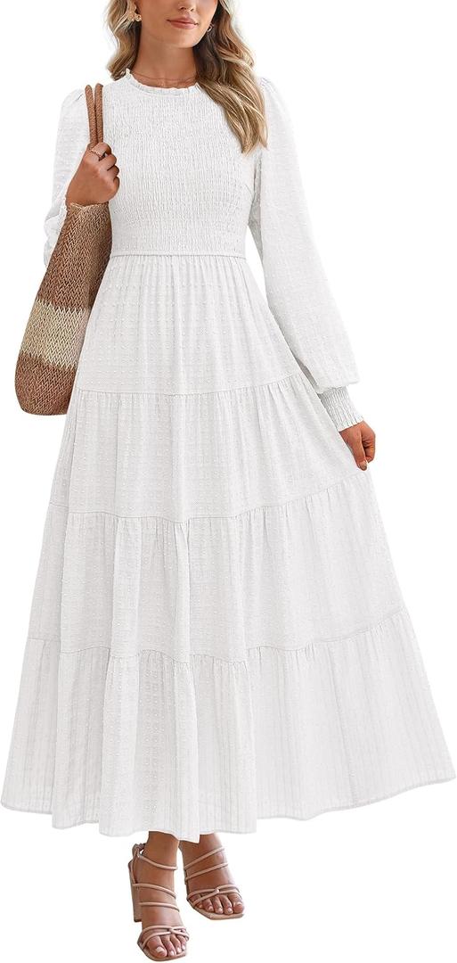 PRETTYGARDEN Women's Long Sleeve Maxi Dresses 2025 Fall Casual Smocked Trim Neck Swiss Dot Tiered Flowy Wedding Guest Dress (White, S)
