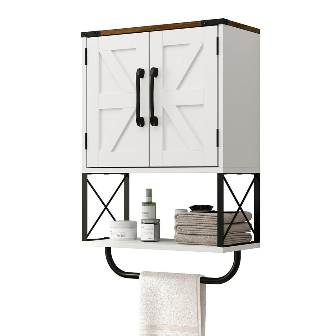 RUSTOWN Farmhouse Rustic Medicine Cabinet with Two Barn Door,Wood Wall Mounted Storage Cabinet w/Dark Brown Top & Adjustable Shelf and Towel Bar, 3-Tier Cabinet for Bathroom(White)