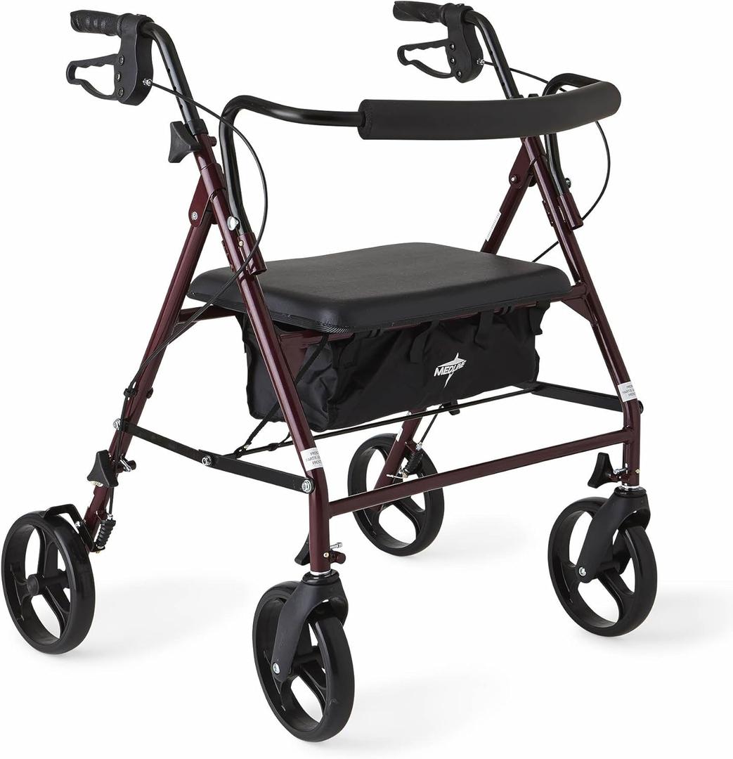 Medline Large Steel Bariatric Rollator Walker with Adjustable Handles, Padded Seat & Backrest, Burgundy, 500 lb. Weight Capacity, Foldable, Under Seat Storage, 8" Wheels, For Seniors & Adults