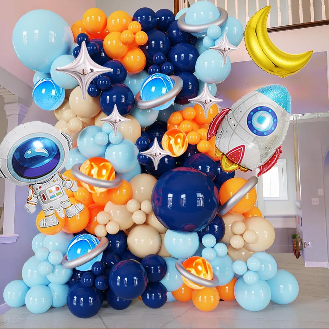 125Pcs Space Themed Balloon Arch Kit Navy Blue Orange Balloon Garland With Silver Tassels Galaxy, Astronaut & Rocket Decorations For Outer Space Parties, Boy Kid Birthday decoration