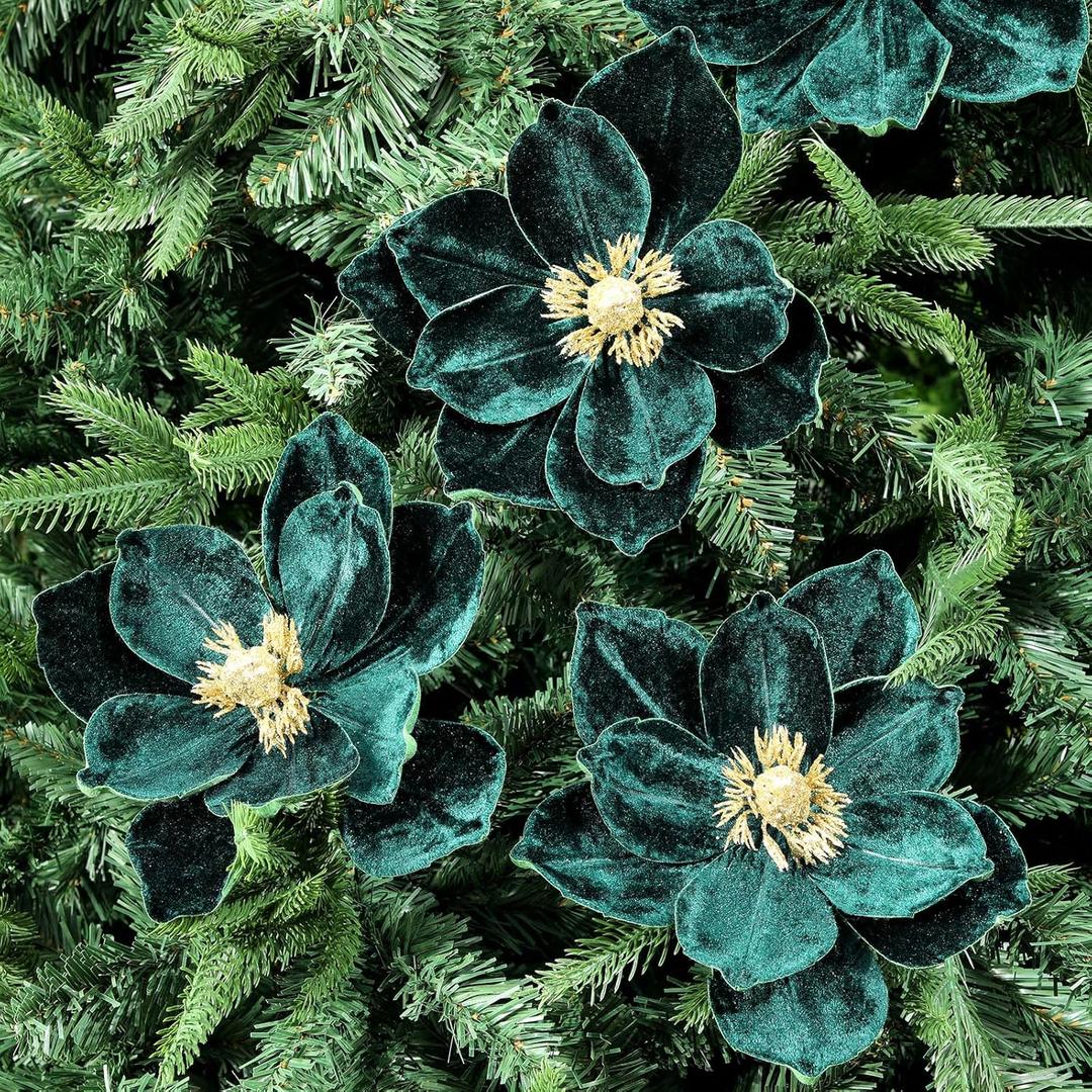 8 Pcs Christmas Flower Magnolia Flowers 8 Inch Artificial Poinsettia Stems Glitter Fake Magnolia Christmas Tree Decorations DIY Ornaments for Xmas Tree Party Wedding Holiday Decor(Green)