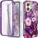 Cute Flower Case for iPhone 17 6.3 inch Built with Screen Protector, Lightweight and Stylish Full Body Shockproof Protective Rugged TPU Case for Women/Girls-Butterfly